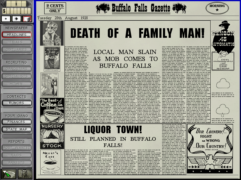 A screenshot showing a newspaper with headlines relating to events in Gangsters 2.