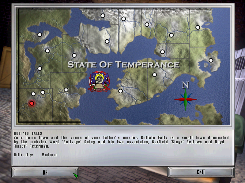 A screenshot showing the map of the fictional state of Temperance, and the 15 spots where missions take place.