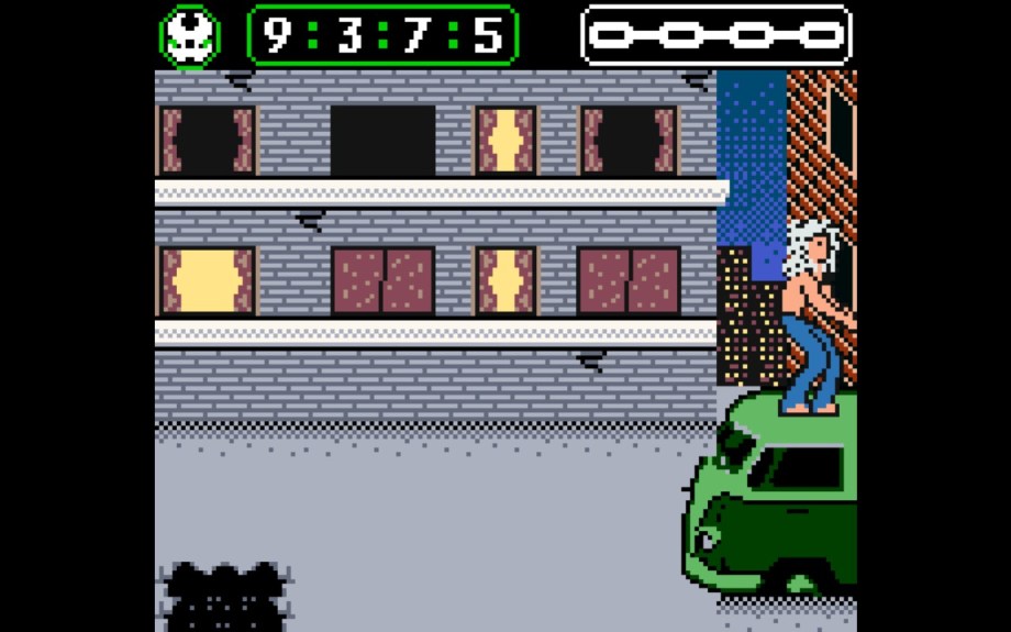 A Screenshot of Spawn 1999, showing a city's streets, The Freak is atop a green car, and Spawn is on the ground.