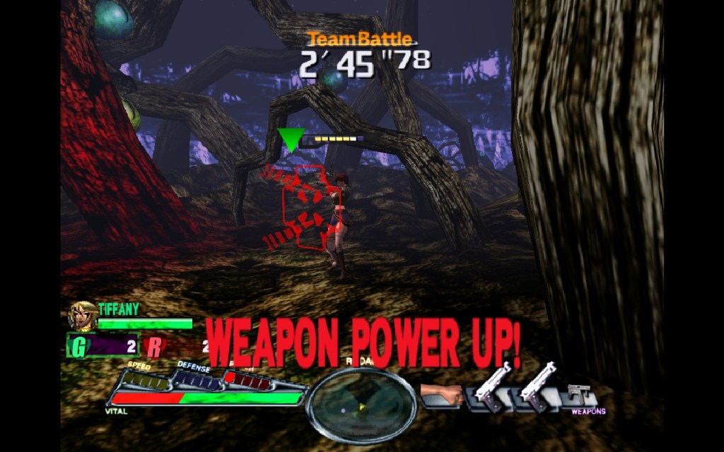 A screenshot of Spawn: In The Demon's Hand. Red tect saying "Weapon Power Up" appears at the bottom of the screen.