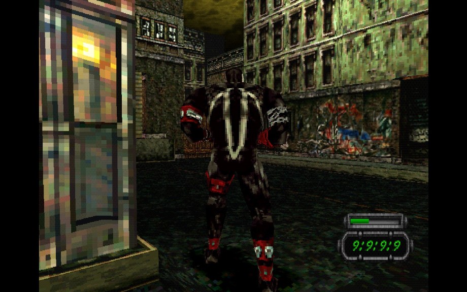 A screenshot of Spawn: The Eternal. Spawn is standing in the streets, they look green and diseased.