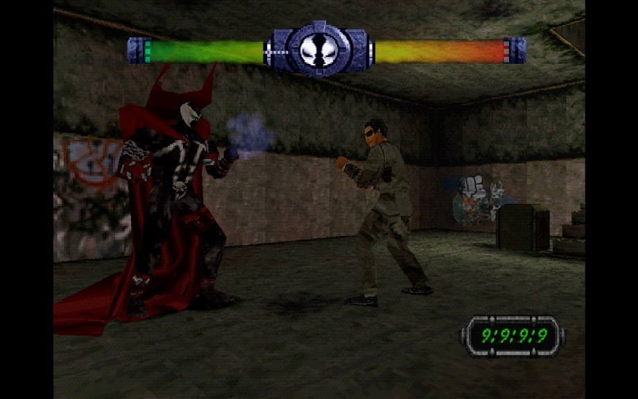 A screenshot of Spawn: The Eternal. Spawn is engaged in a fight in a train station
