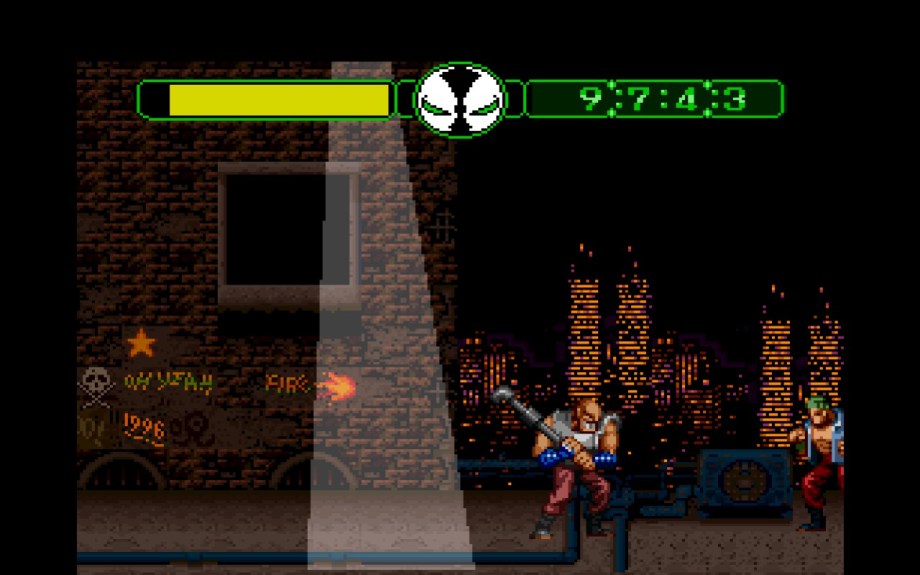 A screenshot from Todd McFarlane's Spawn: The Video Game. Showing the New York skyline and some enemies in the forefront.