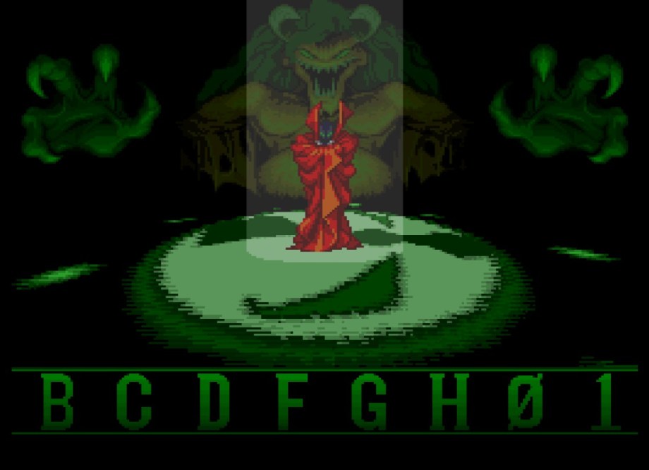 A screenshot from Todd McFarlane's Spawn: The Video Game. Showing the password screen with Spawn directly looking at the camera, with Malebolgia in the background.