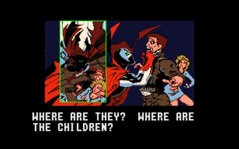 A screenshot from Todd McFarlane's Spawn: The Video Game. A cutscene done in a comic book style, it depicts Spawn threatening a man in abrown suit with short brown hair, as a blonde woman in a blue top and dress looks on in shock. The caption reads "Where are they? Where are the children?"