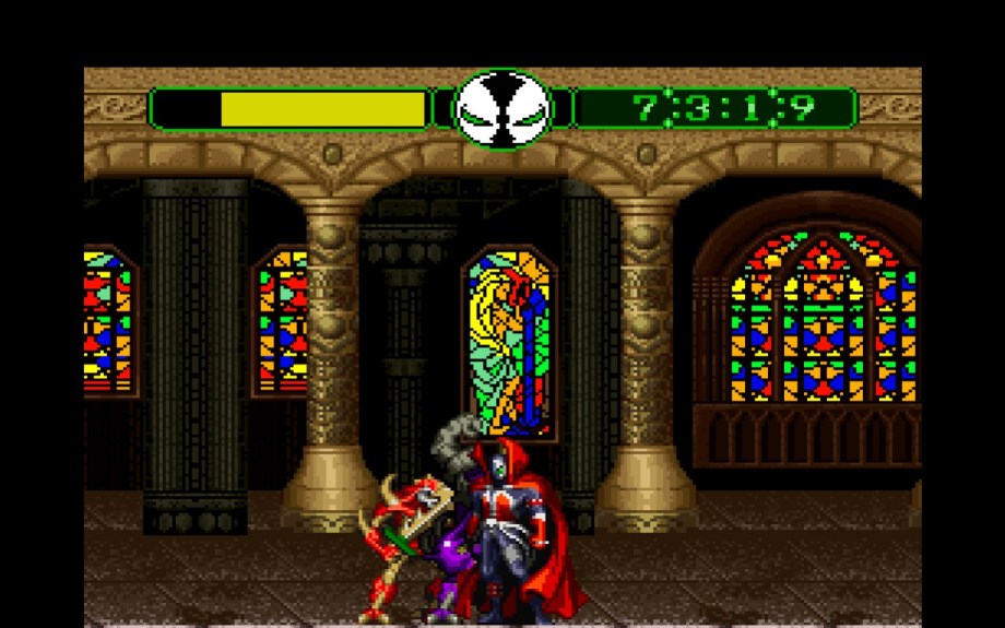 A screenshot from Todd McFarlane's Spawn: The Video Game. Spawn is fighting an enemy in a church, the walls are covered in stain glassed windows, and stone archways.
