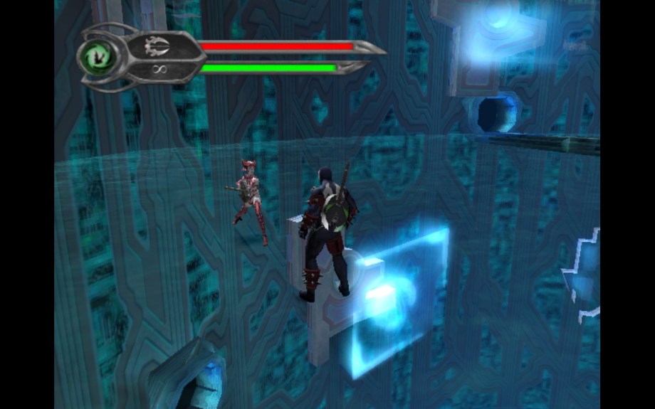 A screenshot of Spawn Armageddon, Showing Spawn facing an enemy on a space station