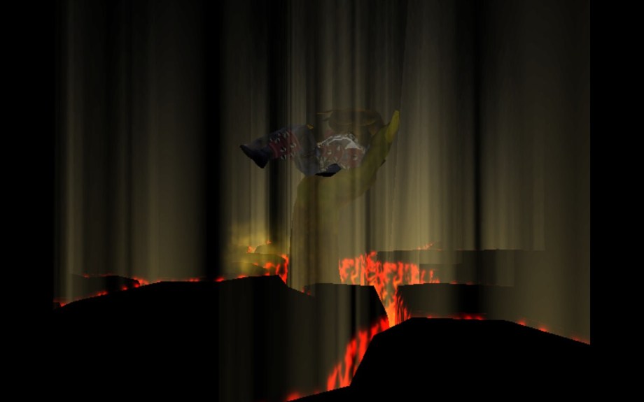 A screenshot of Spawn Armageddon, showing Spawn being sent to Hell, into a firey pit