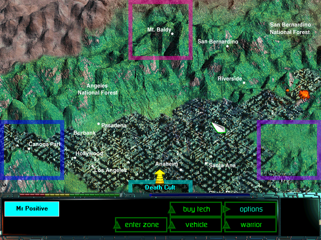 A screenshot of Tribal Rage,  showing the campaign map, an overview of 2030's Claifornai